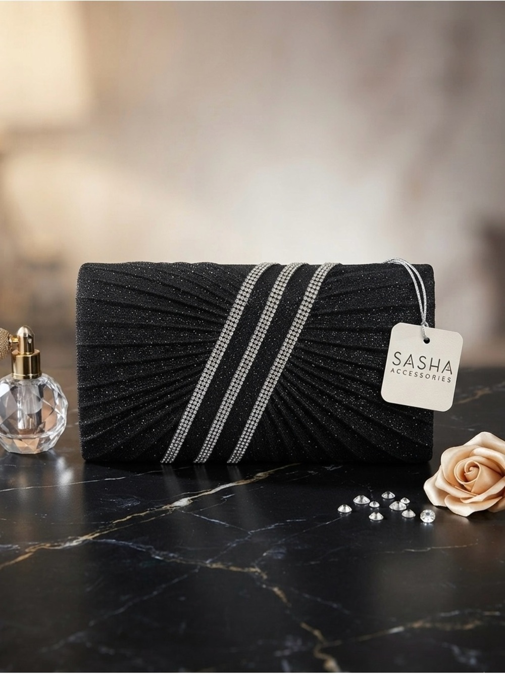 Sasha Accessories Black Rhinestone Stripe Evening Clutch
